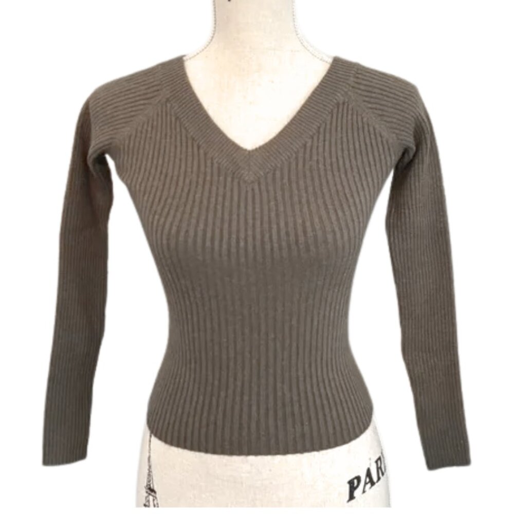 Rubber Doll Vintage Y2K Knit V-Neck Ribbed Sweater Olive Green Size Small